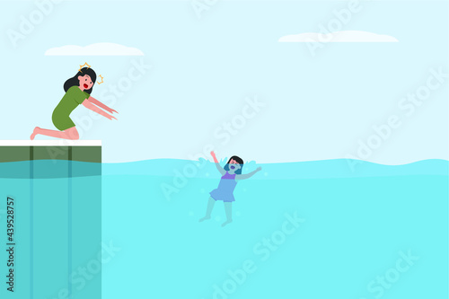 Drowning vector concept: Young mother trying to help her daughter drowning on the sea 