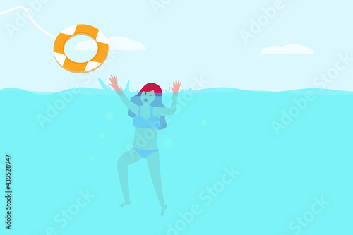 Drowning vector concept: Young woman asking help to rescue team when she drowning on the sea