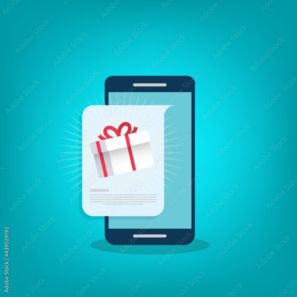 Gift box on smartphone screen. Giveaway concept. Illustration