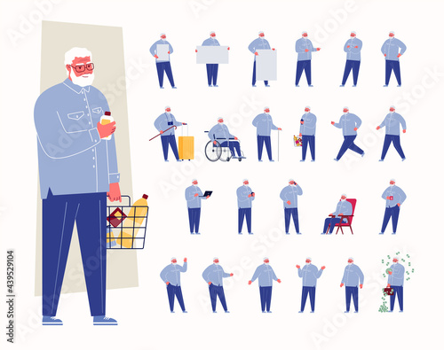 A large set with the character of an elderly man in different poses, facial expressions, for presentations. A person in everyday and extraordinary situations. Vector illustration in flat cartoon.