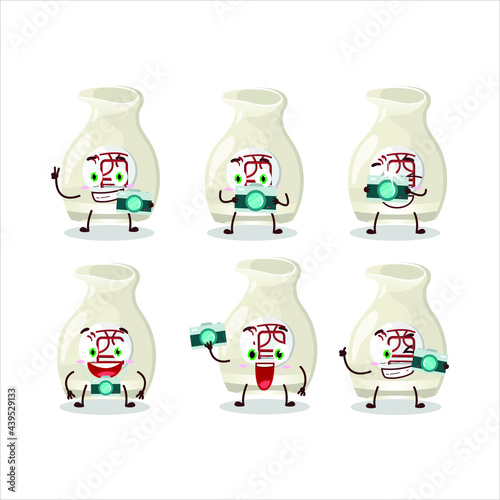 Photographer profession emoticon with sake drink cartoon character. Vector illustration