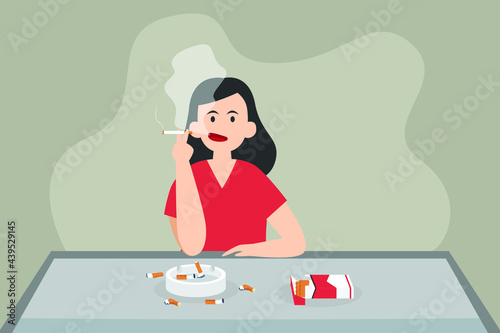 Cigarette addiction vector concept: Young woman smoking unhealthy cigarette while sitting on the chair