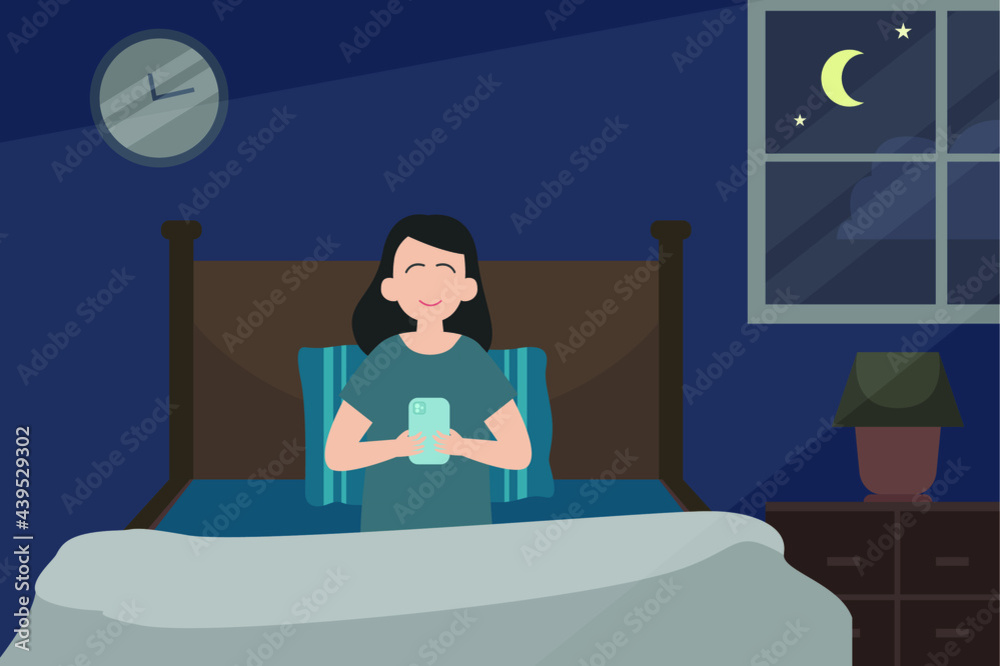 Smartphone addiction vector concept: Young woman using smartphone at night while sitting on the bed 