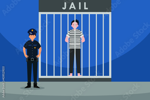 Prisoner vector concept: Male prisoner standing in the prison while policeman supervising him 