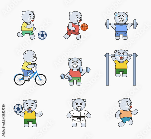 White bear mascot in sport, fitness set. Cute polar bear running, riding bike, playing football, basketball and doing various physical exercises. Vector illustration bundle