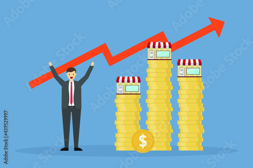 Franchise business vector concept: Success businessman standing with stack of coins of his franchise business