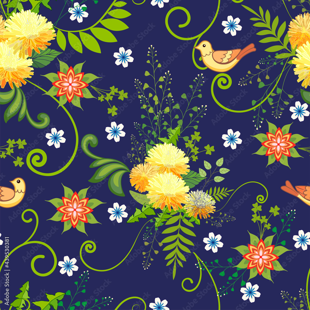 Fototapeta premium Vector illustration of a floral pattern. Wildflowers on a blue background.