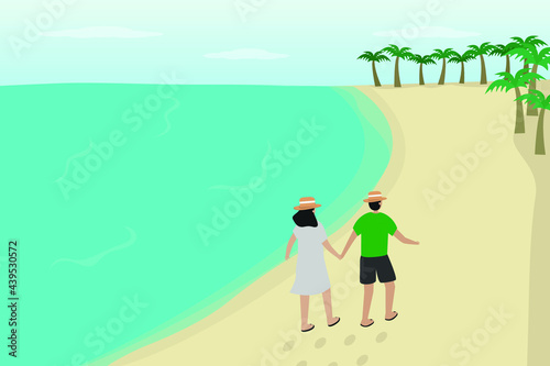 Traveling vector concept: Young couple enjoying holiday while walking together in the beach