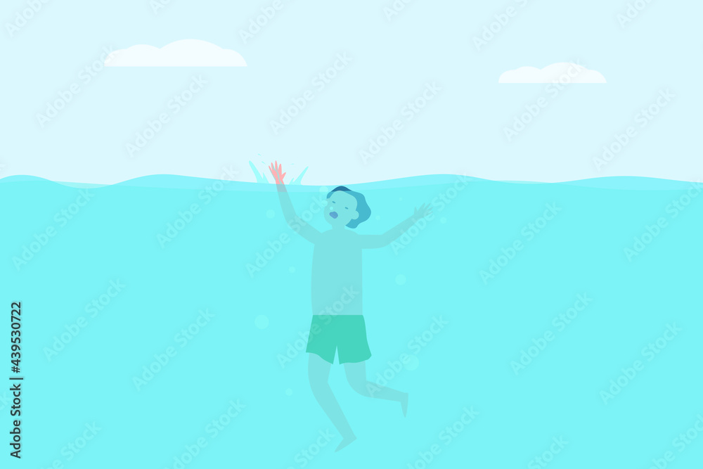 Drowning vector concept: Young man drowning on the sea while feeling panic Drowning vector concept: Young man drowning on the sea while feeling panic