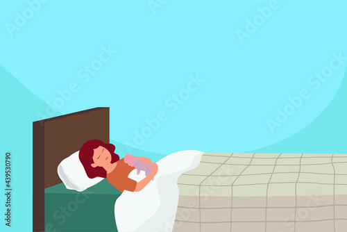 Quality time vector concept: Young mother breastfeeding her baby while sleeping on the bed