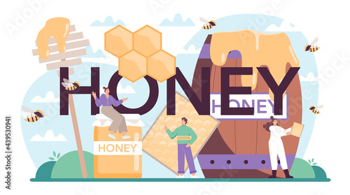 Honey typographic header. Professional hiver or beekeeper gathering honey