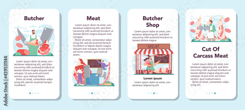 Butcher or meatman mobile application banner set. Fresh meat