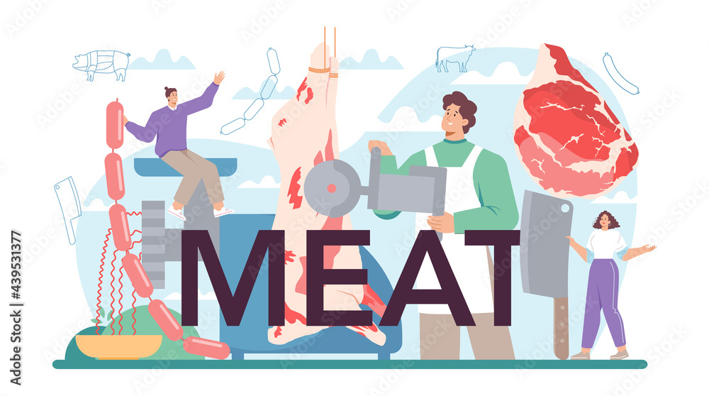 Meat typographic header. Fresh meat and semi-finished products Meat typographic header. Fresh meat and semi-finished products