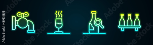 Set line Tap for a barrel, Wine tasting, degustation, Bottle of wine and . Glowing neon icon. Vector