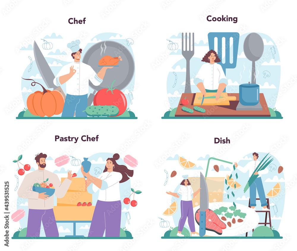 Fototapeta premium Chef concept set. Culinary specialist in apron making tasty dish.