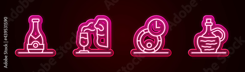 Set line Champagne bottle, Sommelier, Wooden barrel for wine and Wine italian fiasco. Glowing neon icon. Vector