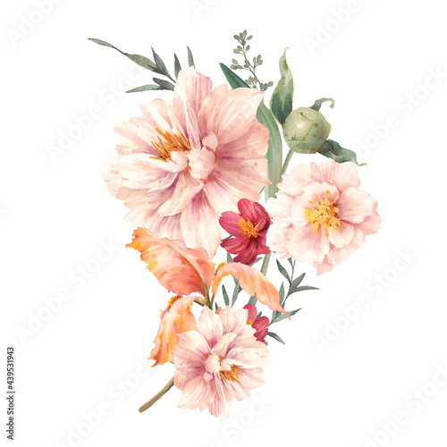 Watercolor white peony composition. Artistic botanical illustration isolated on white background.