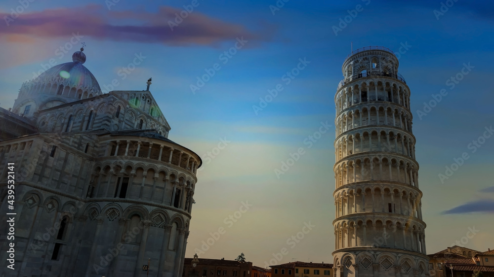 Landmark of travel in Italy with the Leaning tower of Pisa, Italy. at Sunset sky scene in the city of Pisa