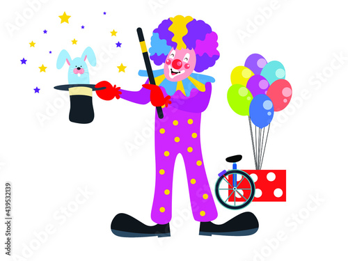 Clown vector concept. Funny clown doing a magic with rabbit in the hat and stick