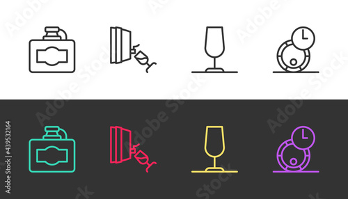 Set line Cardboard box of wine, Wine tasting, degustation, glass and Wooden barrel for on black and white. Vector