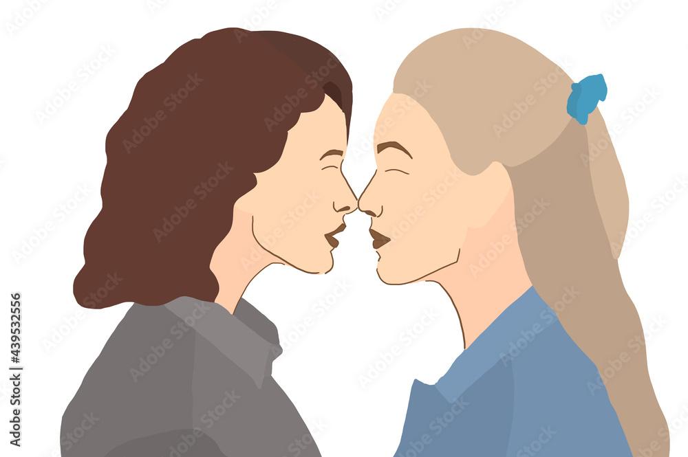 Adult lesbian women face to face looking at each other with love and appreciation on a white isolated background. Happy pride day 2021.
