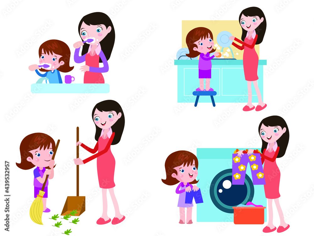 Child activities vector concept. Little girl and her mother doing housework Child activities vector concept. Little girl and her mother doing housework