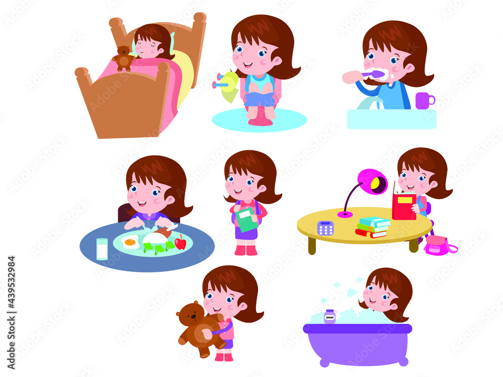 Child activities vector concept. Little girl daily activities, isolated on white background Child activities vector concept. Little girl daily activities, isolated on white background