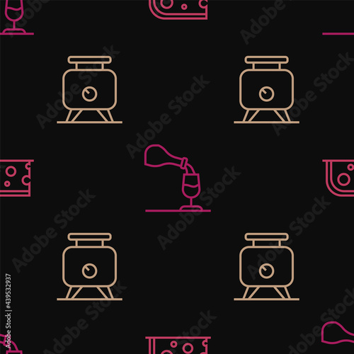 Set line Cheese, Fermentation of grapes and Wine tasting, degustation on seamless pattern. Vector