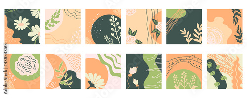 Set of 12 abstract vector backgrounds. Chamomile, various branches, flowers,  leaves, spots, curve and lines. Contemporary modern trendy hand drawn illustration.