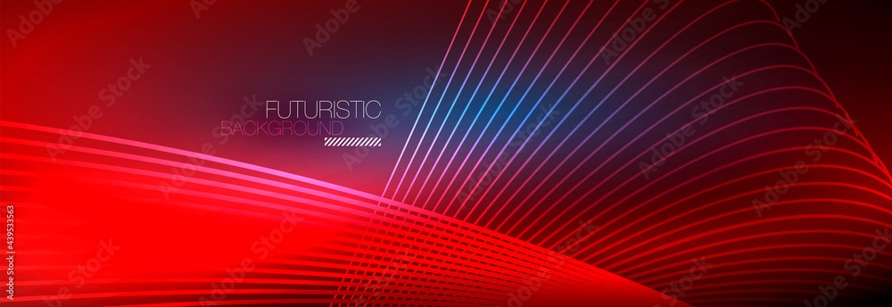 Abstract neon glowing light in the dark with waves. Shiny magic energy and motion concept, vector abstract wallpaper background Abstract neon glowing light in the dark with waves. Shiny magic energy and motion concept, vector abstract wallpaper background