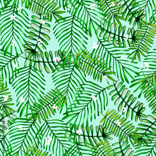 Fototapeta Naklejka Na Ścianę i Meble -  Watercolor hand drawn different leaves pattern, palm leaves pattern, natural background