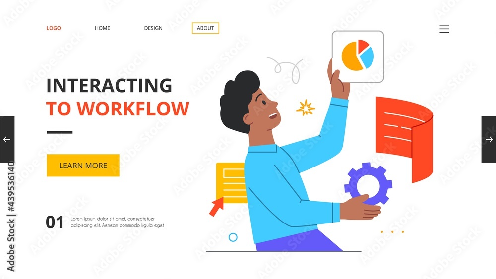 Male character interacting to workflow operations Male character interacting to workflow operations
