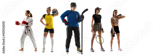 Sport collage. Tennis, hockey, fitness, volleyball players posing isolated on white studio background.