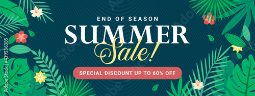 End of season summer sale banner template with green leaf premium Vector