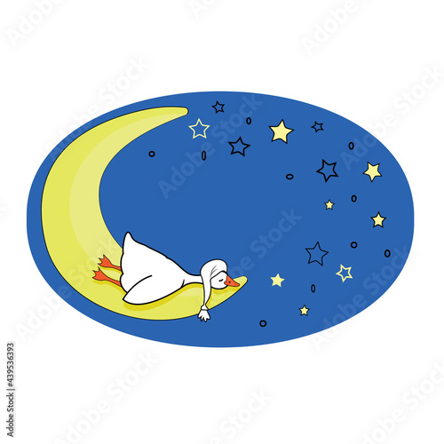 Cute postcard. A small white goose sleeps on the moon, in a night sky