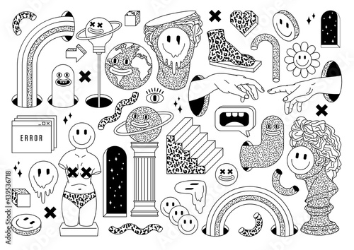Surreal sticker pack. Ancient culpture, emoji, rainbow, arch, space, stairs etc in trendy weird cartoon style.