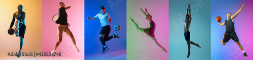 Collage of different professional sportsmen, fit people isolated on color background. Flyer. photo