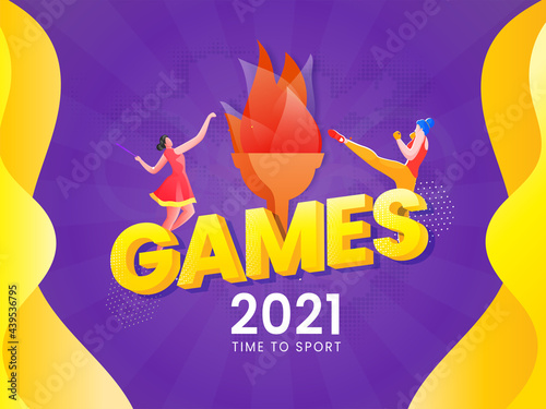 3D Games Text With Female Athletes In Playing Pose, Flaming Torch On Yellow And Purple Background For 2021 Time To Sports.