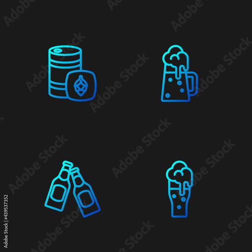 Set line Glass of beer, Beer bottle, Metal keg and Wooden mug. Gradient color icons. Vector