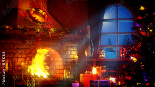 christmas tree and hearth with flames shining - creative object 3D illustration