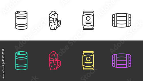 Set line Metal beer keg, Glass of, Beer can and Wooden barrel on black and white. Vector