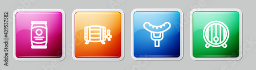 Set line Beer can, Wooden barrel, Sausage on the fork and . Colorful square button. Vector