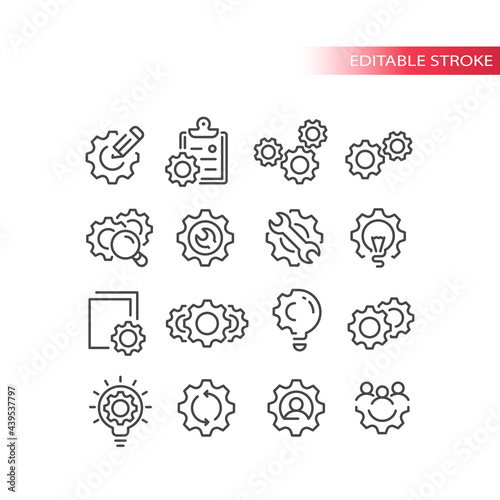 Cogwheel or gear with lightbulb, pencil icon set. Cogs, cogwheels and people, clipboard, settings or process symbol. Line vector, editable stroke.