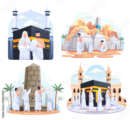 Set bundle of Muslim couple is doing Islamic hajj pilgrimage. vector illustration.