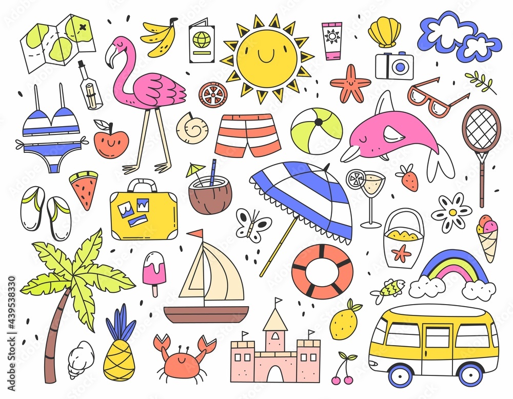 Large set of color different summer items in doodle style. Illustration isolated on white background. Large set of color different summer items in doodle style. Illustration isolated on white background.