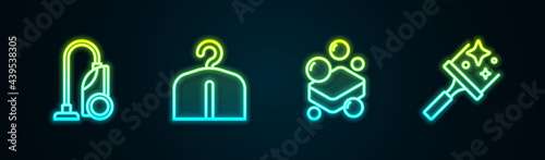 Set line Vacuum cleaner, Hanger wardrobe, Bar of soap and Rubber for windows. Glowing neon icon. Vector