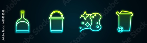 Set line Dustpan, Bucket, Sponge and Trash can. Glowing neon icon. Vector