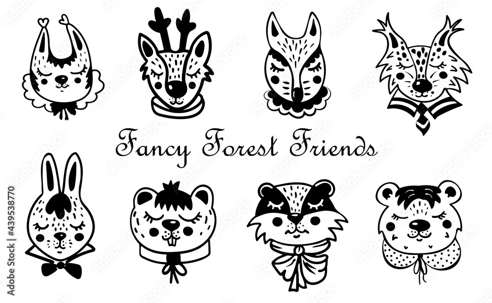 Obraz premium Cute forest animals, fancy forest friends collection of hand-drawn animals, animal heads with collars, doodle illustration, neat looking squirrel, deer, fox, lynx, hare, badger, beaver, bear cartoons