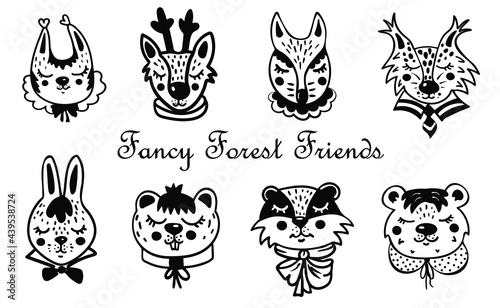 Cute forest animals, fancy forest friends collection of hand-drawn animals, animal heads with collars, doodle illustration, neat looking squirrel, deer, fox, lynx, hare, badger, beaver, bear cartoons