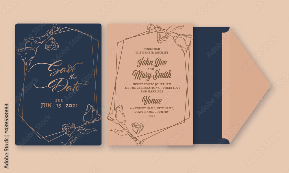 Elegance Wedding Card Template Design With Double-Sides In Blue And Brown Color.